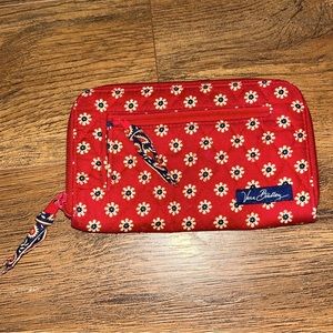 Red Vera Bradley wallet with white and blue floral pattern